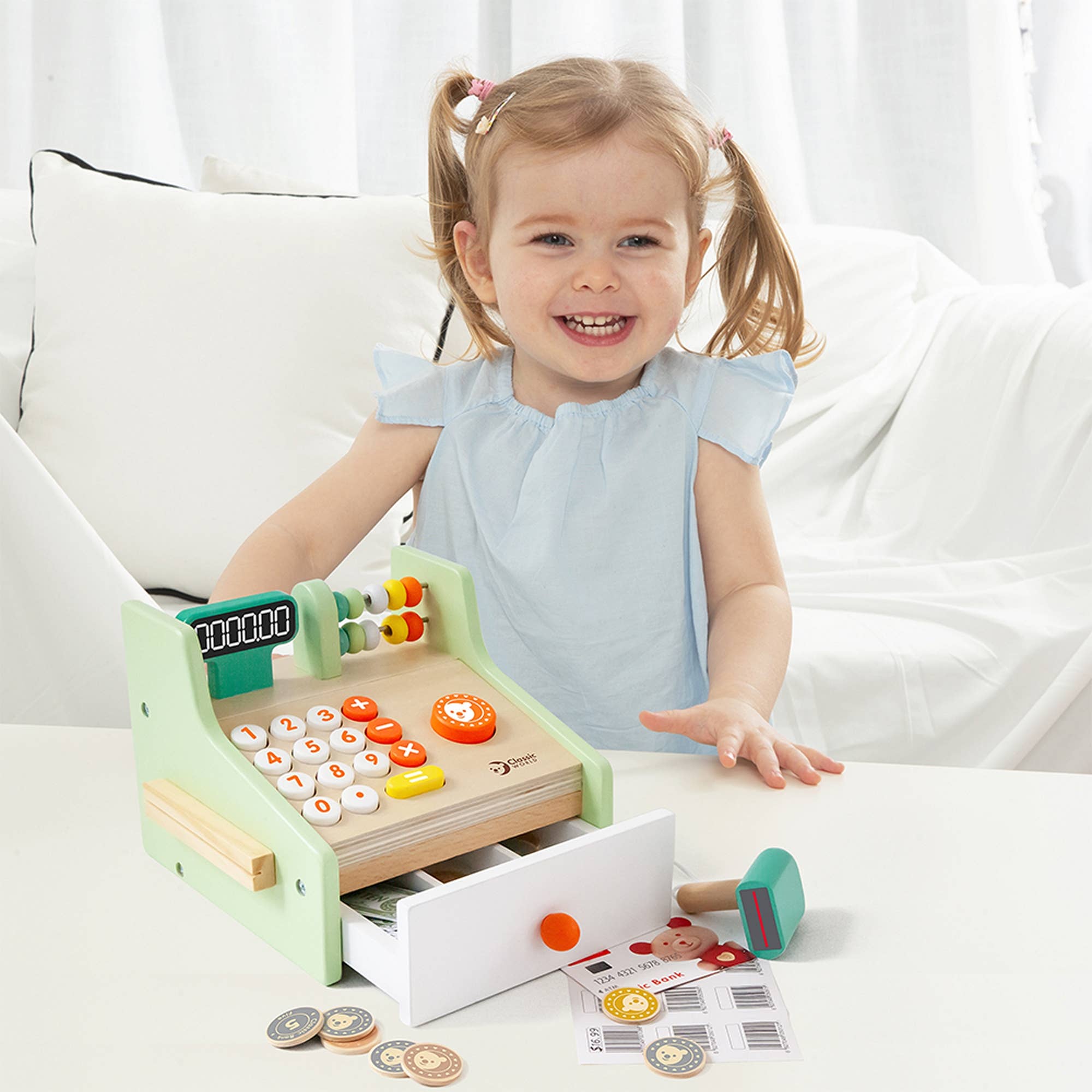 Caisse Enregistreuse en Bois Classic World | Billets, Pièces & Cartes | Jeu de Rôle | Dès 3 ans