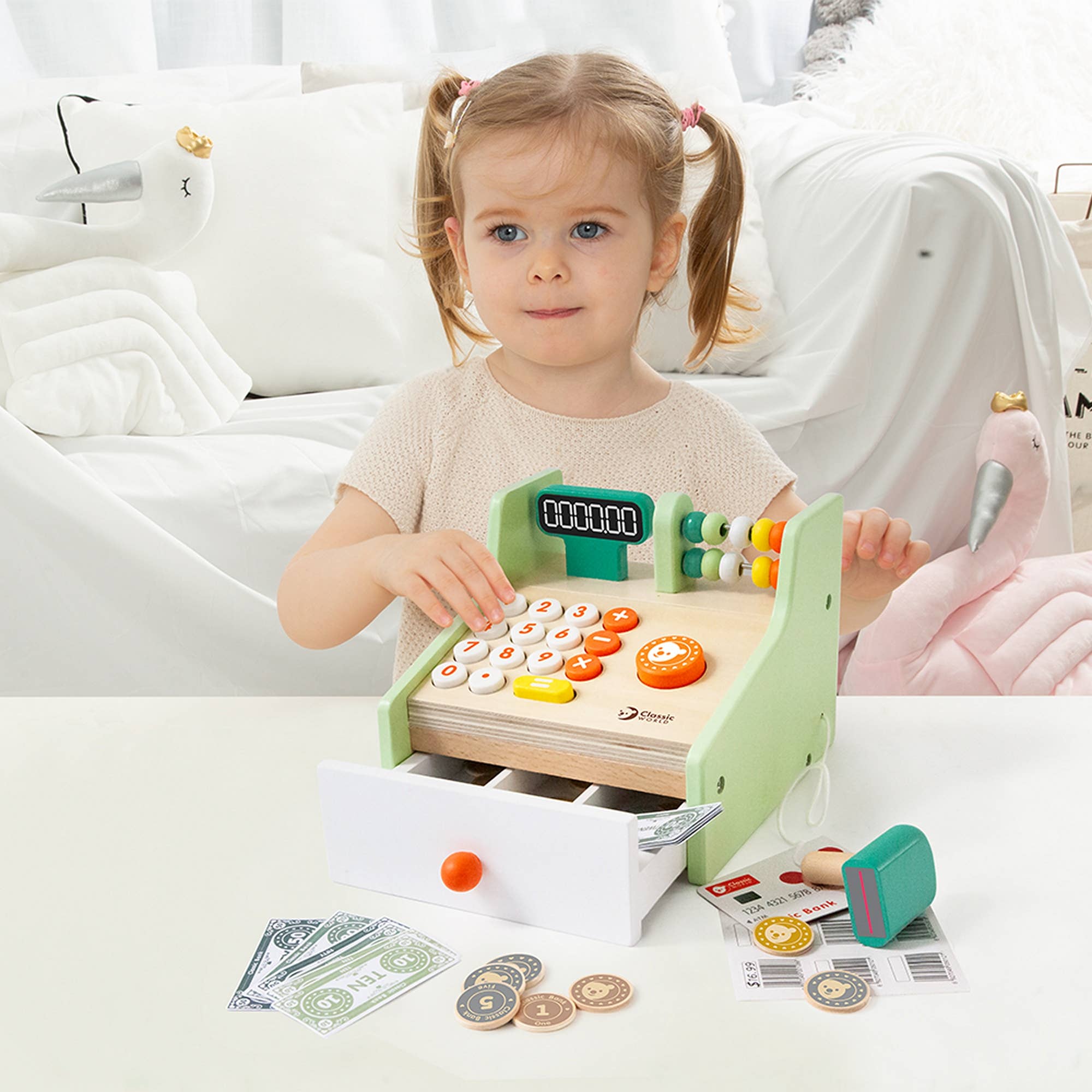 Caisse Enregistreuse en Bois Classic World | Billets, Pièces & Cartes | Jeu de Rôle | Dès 3 ans